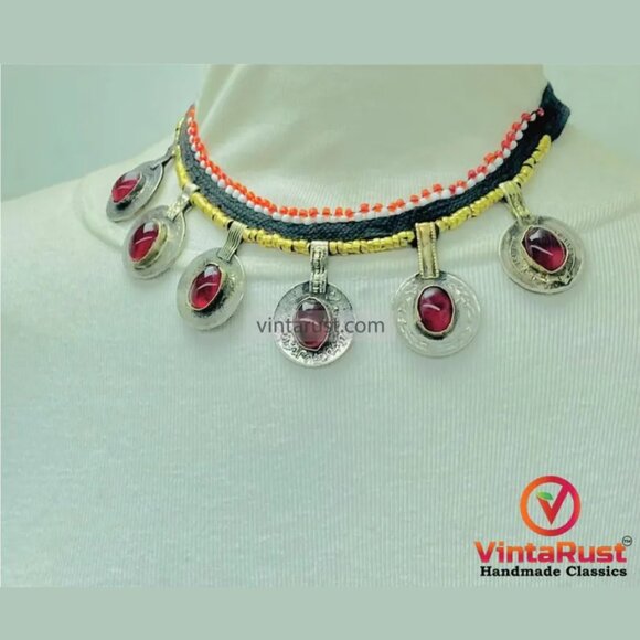 Tribal Glass Stone Embedded Coins Necklace: Statement Kuchi Handmade Choker - Picture 3 of 7